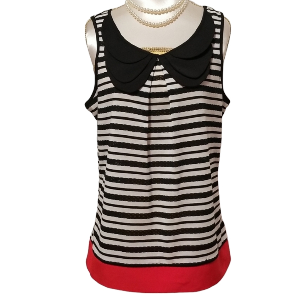 NEW Vintage Style Sleeveless Top Black and White Striped Peter Pan Collar